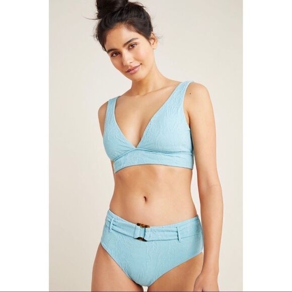 NEW Anthropologie Seafolly Wide Side Palm Coast Retro Blue Belted Bikini Size 8 - Picture 1 of 3